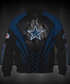 NFL Dallas Cowboys Black Blue Darken Logo Burning Bomber Jacket
