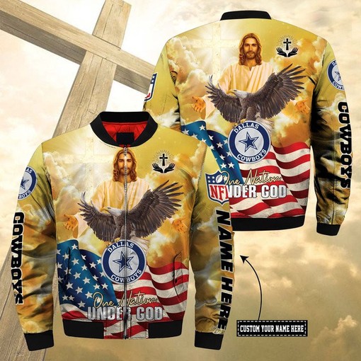 NFL Dallas Cowboys Custom Name One Nation Under God Bomber Jacket V2