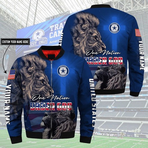 NFL Dallas Cowboys Custom Name One Nation Under God Bomber Jacket V6