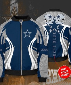 NFL Dallas Cowboys Custom Name White Curve 2 Hat Bomber Jacket