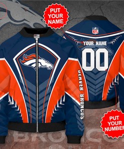 NFL Denver Broncos Custom Name Number Orange Navy Blue Bomber Jacket