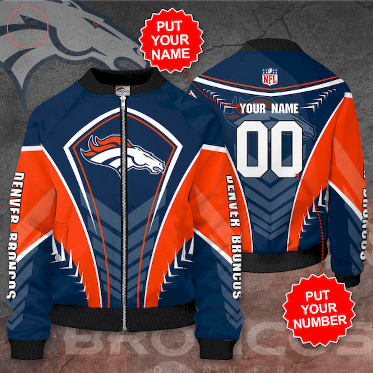 NFL Denver Broncos Custom Name Number Orange Navy Blue Bomber Jacket