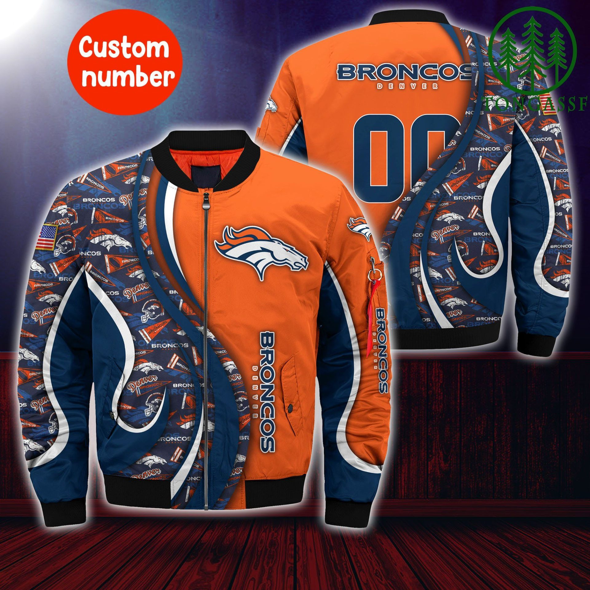 NFL Denver Broncos Custom Number Orange Navy Blue Bomber Jacket
