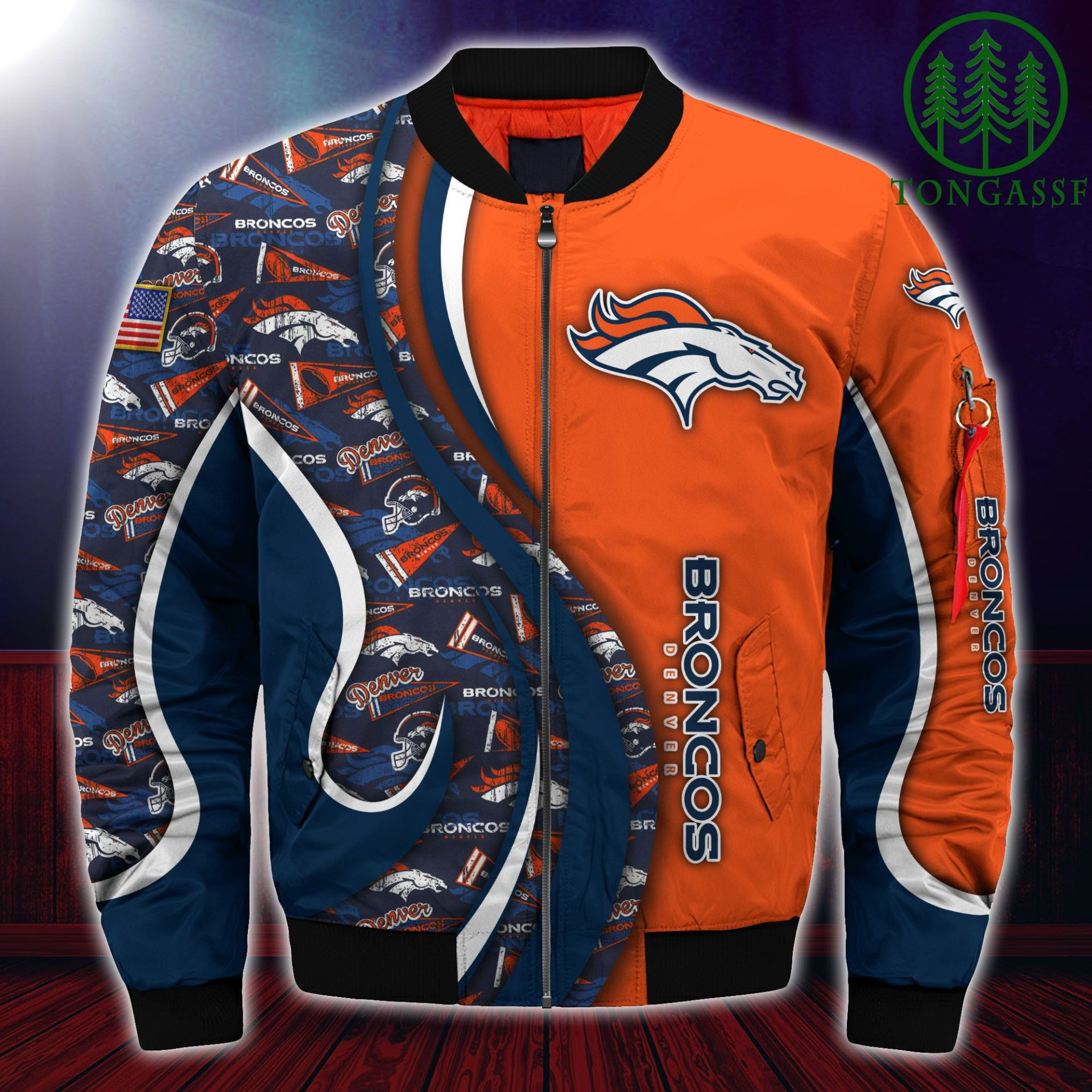 NFL Denver Broncos Custom Number Orange Navy Blue Bomber Jacket