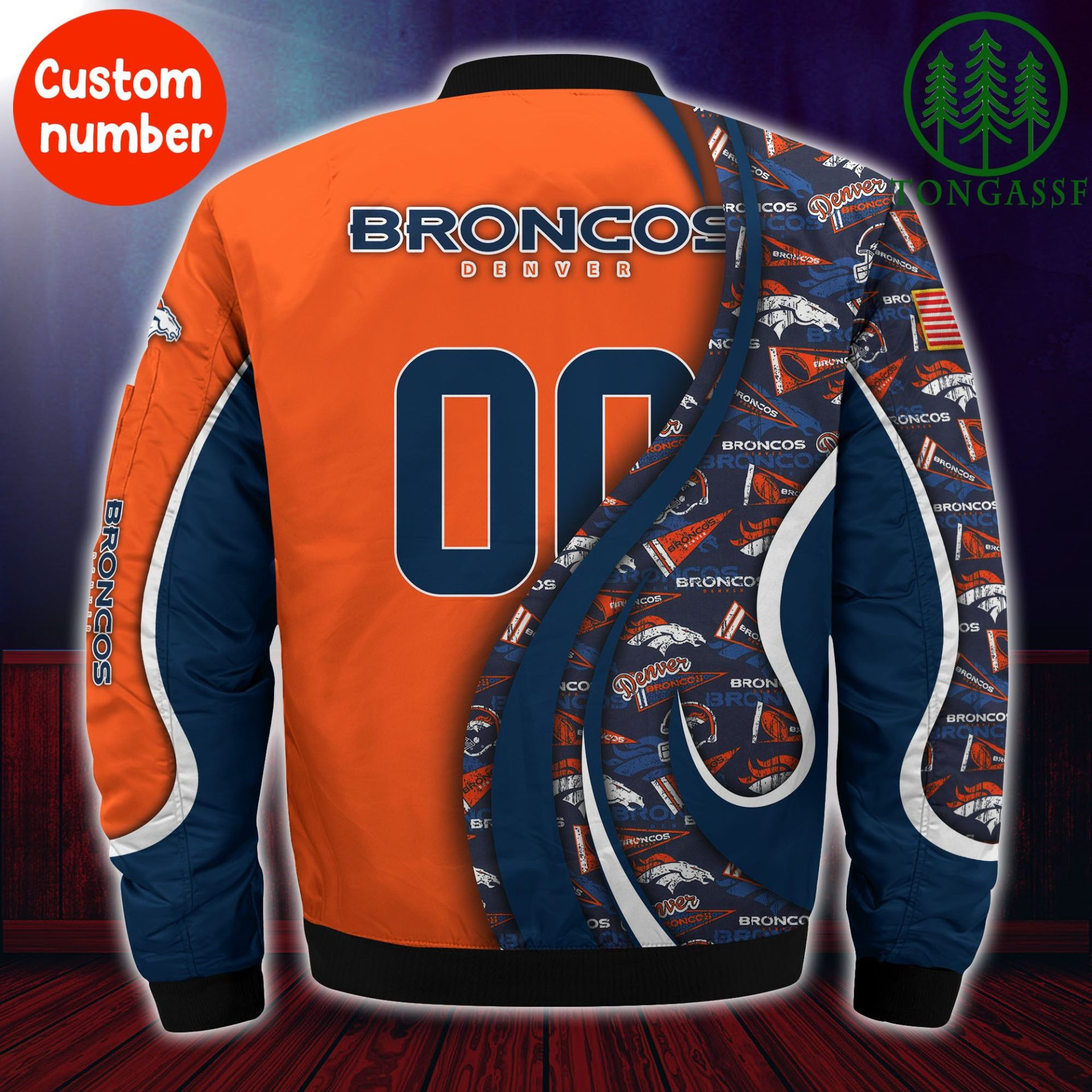 NFL Denver Broncos Custom Number Orange Navy Blue Bomber Jacket