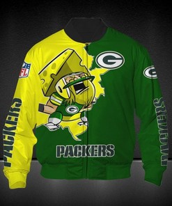NFL Green Bay Packers Yellow Green Cartoon Bring Chesse Bomber Jacket