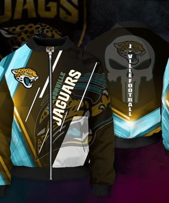 NFL Jacksonville Jaguars Punisher Skull Teal Gold Bomber Jacket