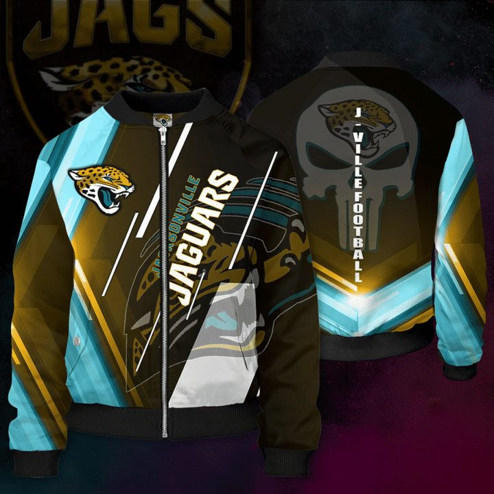 NFL Jacksonville Jaguars Punisher Skull Teal Gold Bomber Jacket