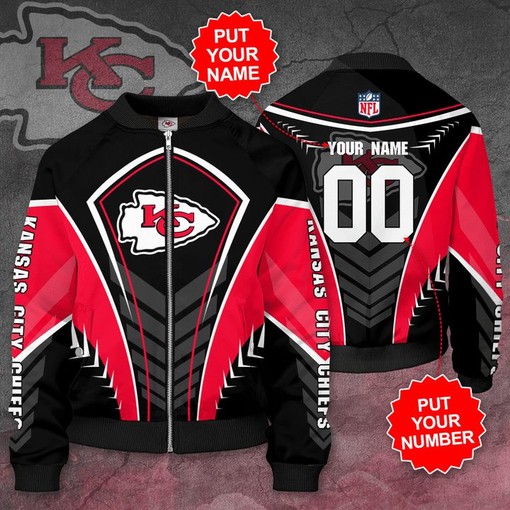 NFL Kansas City Chiefs Custom Name Number Black Red Bomber Jacket