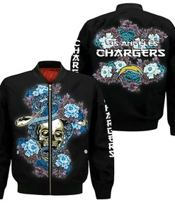 NFL Los Angeles Chargers Black Blue Skull Bomber Jacket V11