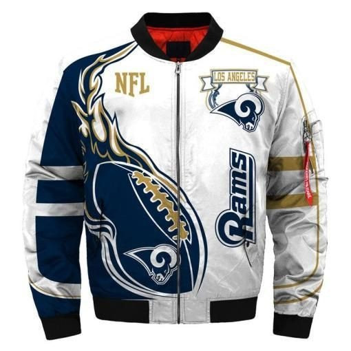 NFL Los Angeles Rams Rugby Ball White Blue Bomber Jacket