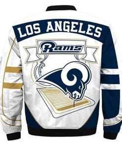 NFL Los Angeles Rams Rugby Ball White Blue Bomber Jacket