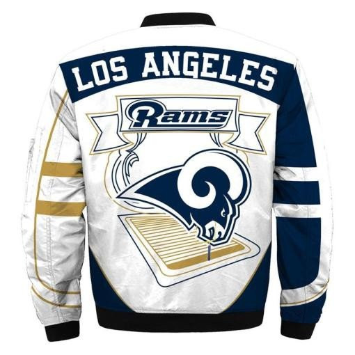 NFL Los Angeles Rams Rugby Ball White Blue Bomber Jacket