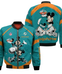 NFL Miami Dolphins Custom Name Mickey Mouse Aqua Bomber Jacket