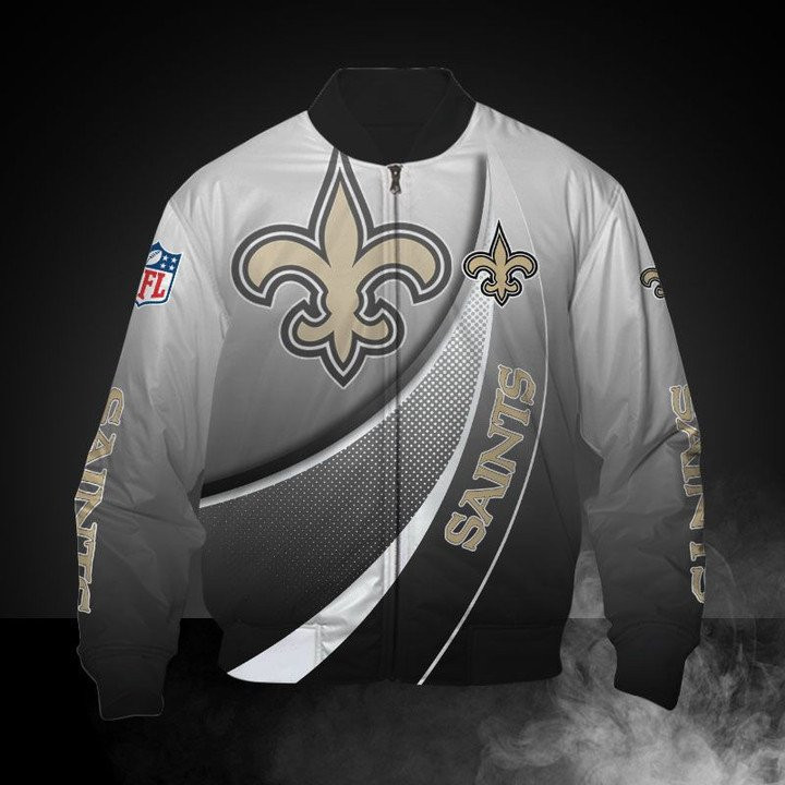 NFL New Orleans Saints Grey White Curve Graphic Bomber Jacket