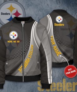 NFL Pittsburgh Steelers Custom Name Grey Here We Go Bomber Jacket