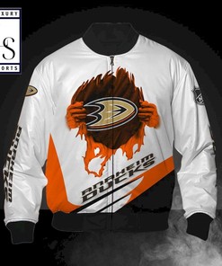 NHL Anaheim Ducks White Orange Logo Pulling Hand Bomber Jacket
