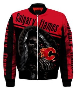 NHL Calgary Flames Red Black Skull Bomber Jacket