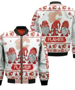 NHL Calgary Flames White Red Drawfs Ugly Christmas Bomber Jacket