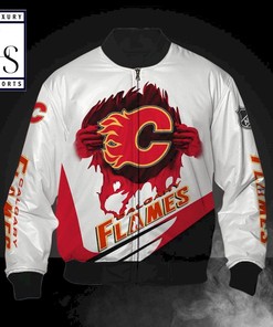 NHL Calgary Flames White Red Logo Pulling Hand Bomber Jacket