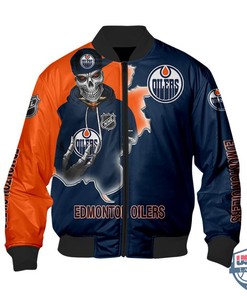 NHL Edmonton Oilers Navy Blue Orange Skull Scratch Bomber Jacket