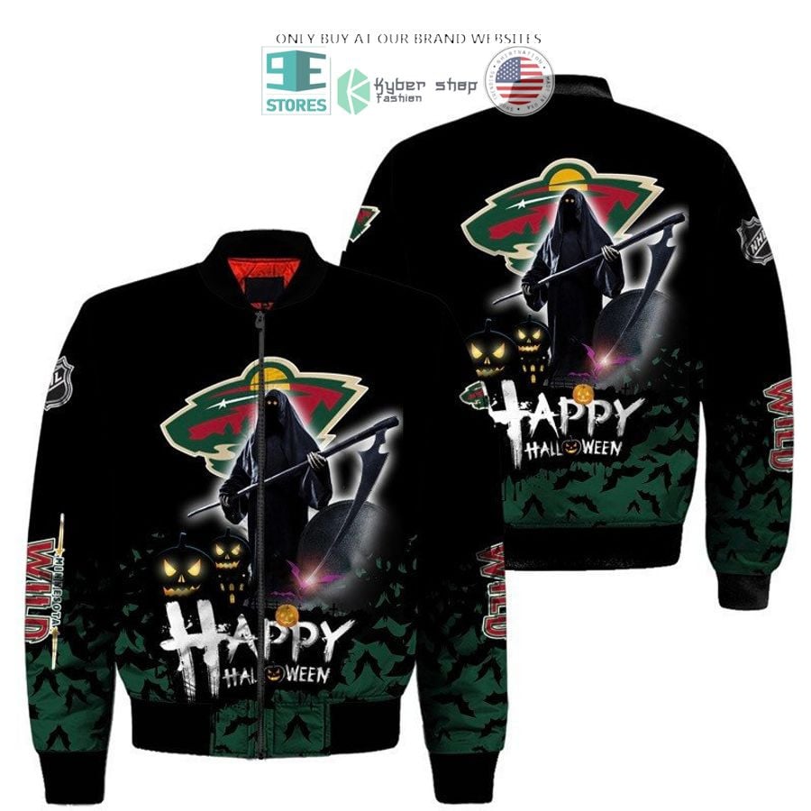 NHL Minnesota Wild Black Green Happy Halloween Bomber Jacket