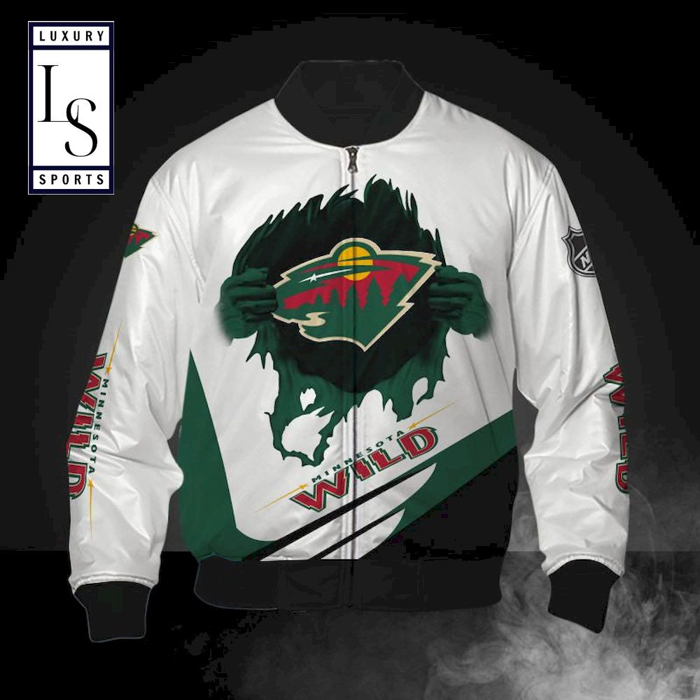 NHL Minnesota Wild White Green Logo Pulling Hand Bomber Jacket