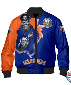 NHL New York Islanders Blue Orange Skull Scratch Bomber Jacket