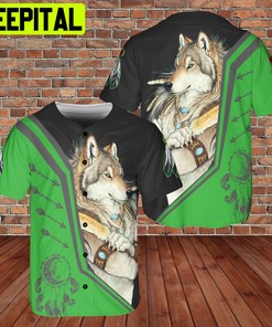 Native Wolf DreamCatcher AOP Baseball Jersey Green Black Style