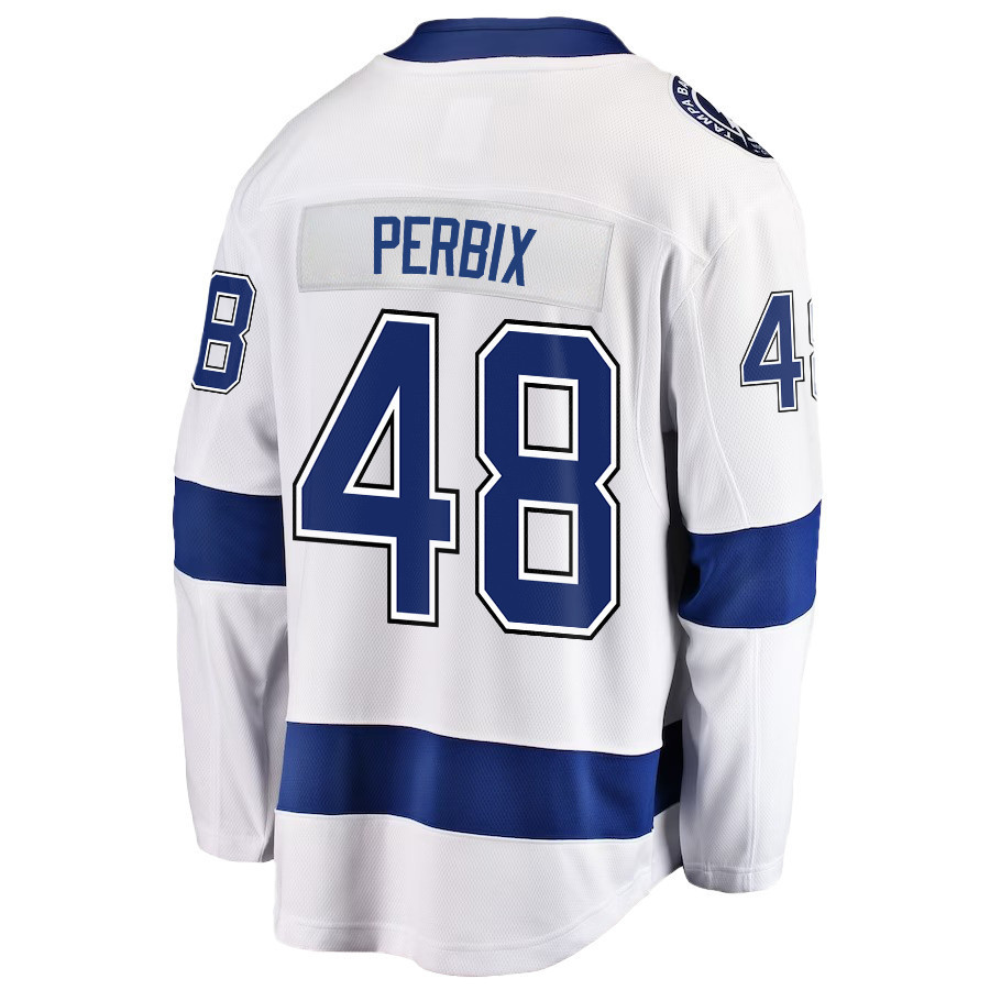 Nick Perbix 48 Tampa Bay Lightning Stanley Cup 2023 Playoffs Patch Away Breakaway Men Jersey - White