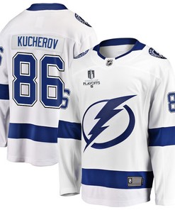 Nikita Kucherov 86 Tampa Bay Lightning Stanley Cup 2023 Playoffs Patch Away Breakaway Men Jersey - White