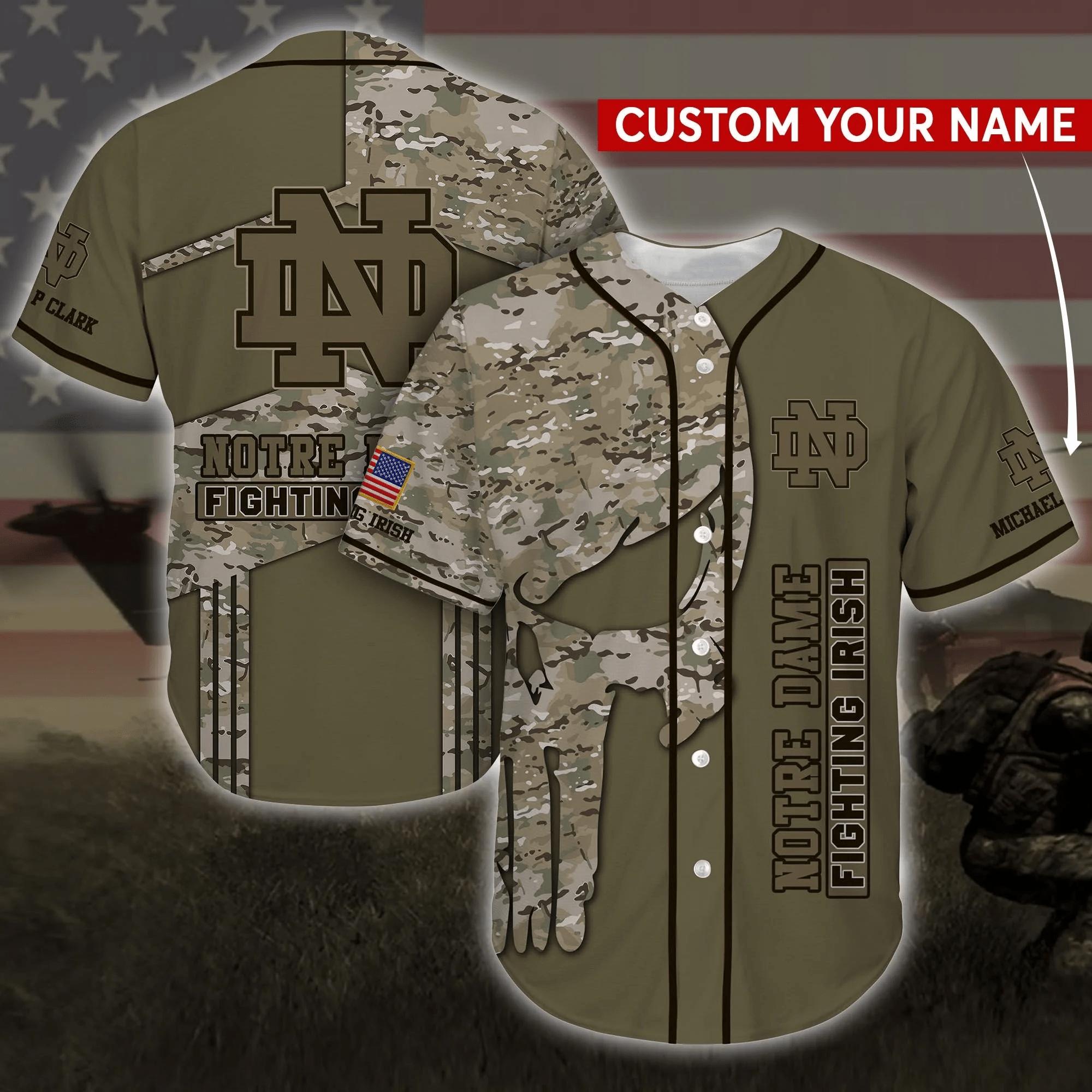 Notre Dame Fighting Irish NCAA Personalized Custom Name Baseball Jersey Shirt Camo