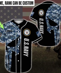 Personalized Name And Rank Us Navy Camo Skull Black Blue Baseball Jersey