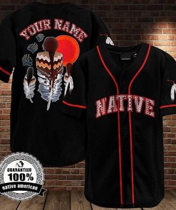 Personalized Name Native American Feather Red Black Baseball Jersey