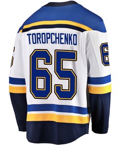 St. Louis Blues Alexei Toropchenko 65 Away 2022 Stanley Cup Playoffs Breakaway Men Jersey - White