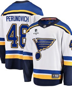 St. Louis Blues Scott Perunovich 48 Away 2022 Stanley Cup Playoffs Breakaway Men Jersey - White