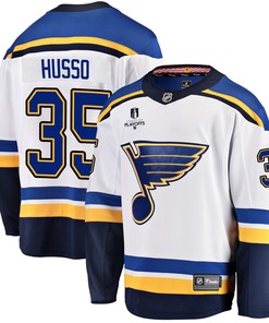 St. Louis Blues Ville Husso 35 Away 2022 Stanley Cup Playoffs Breakaway Men Jersey - White