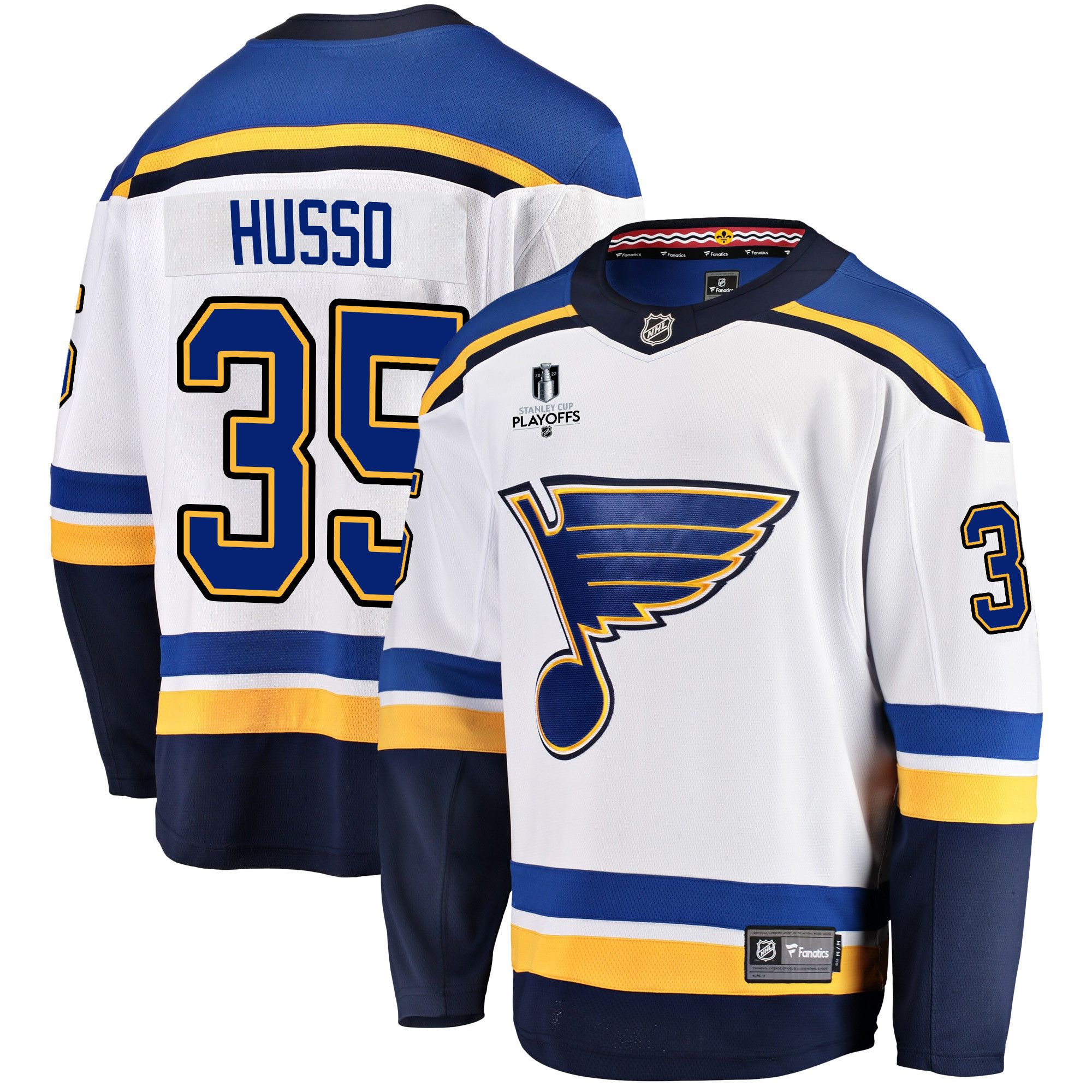 St. Louis Blues Ville Husso 35 Away 2022 Stanley Cup Playoffs Breakaway Men Jersey - White