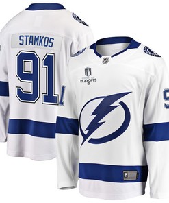 Steven Stamkos 91 Tampa Bay Lightning Stanley Cup 2023 Playoffs Patch Away Breakaway Men Jersey - White