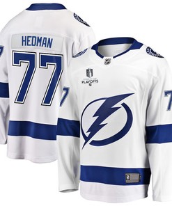 Victor Hedman 77 Tampa Bay Lightning Stanley Cup 2023 Playoffs Patch Away Breakaway Men Jersey - White