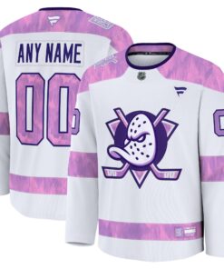 Men's Anaheim Ducks Fanatics White 2024 Hockey Fights Cancer Custom Practice Jersey