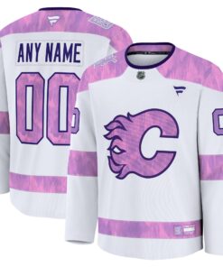 Men's Calgary Flames Fanatics White 2024 Hockey Fights Cancer Custom Practice Jersey