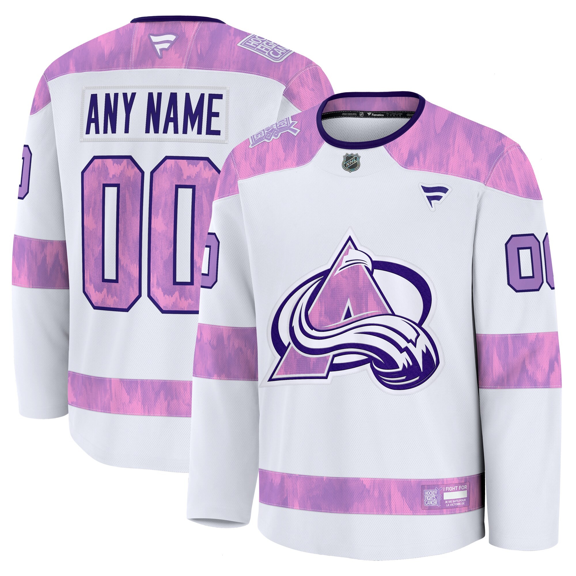 Men's Colorado Avalanche Fanatics White 2024 Hockey Fights Cancer Custom Practice Jersey