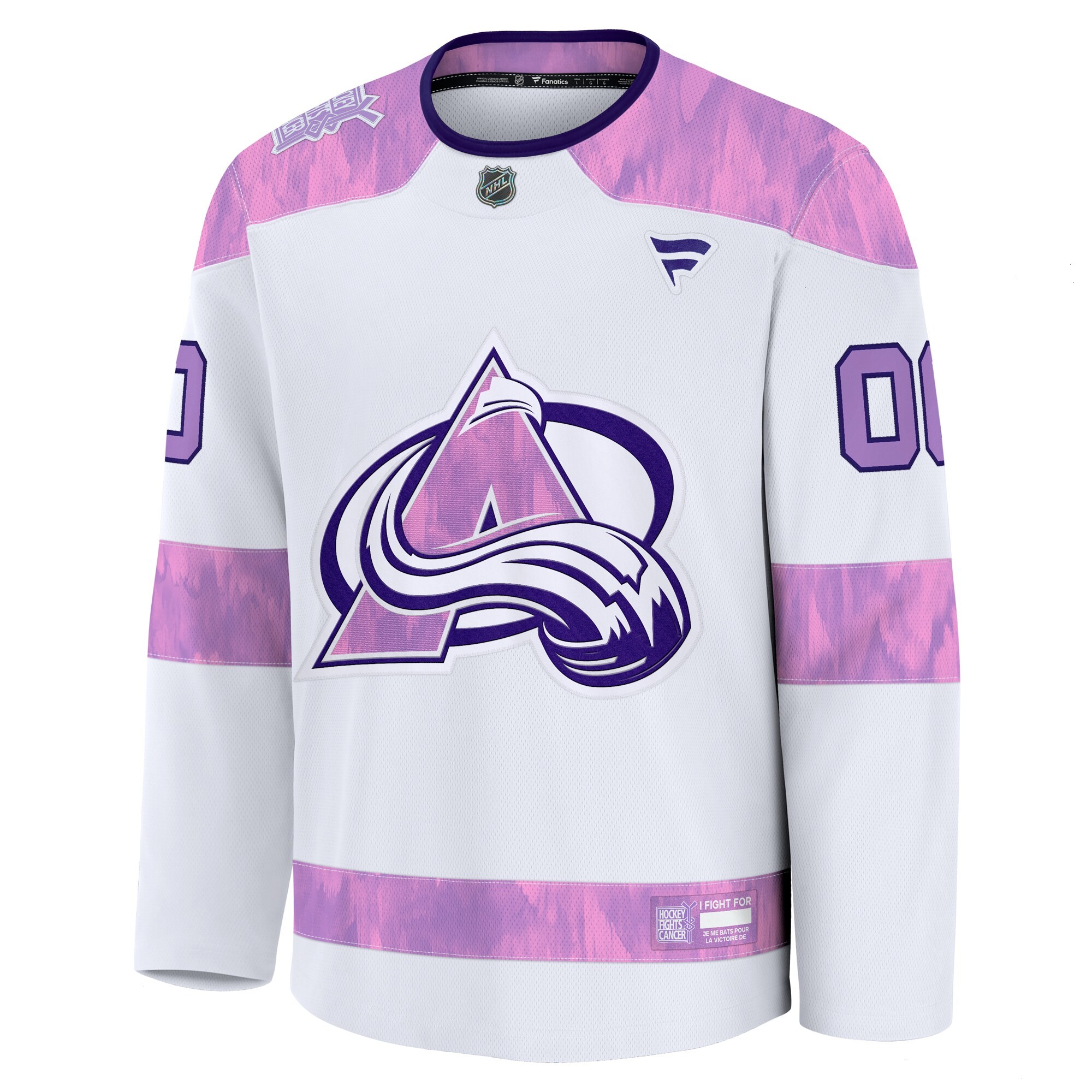 Men's Colorado Avalanche Fanatics White 2024 Hockey Fights Cancer Custom Practice Jersey