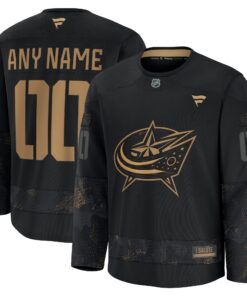 Men's Columbus Blue Jackets Fanatics Black 2024 Military Appreciation Personalized Long Sleeve Practice Jersey