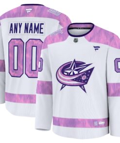 Men's Columbus Blue Jackets Fanatics White 2024 Hockey Fights Cancer Custom Practice Jersey