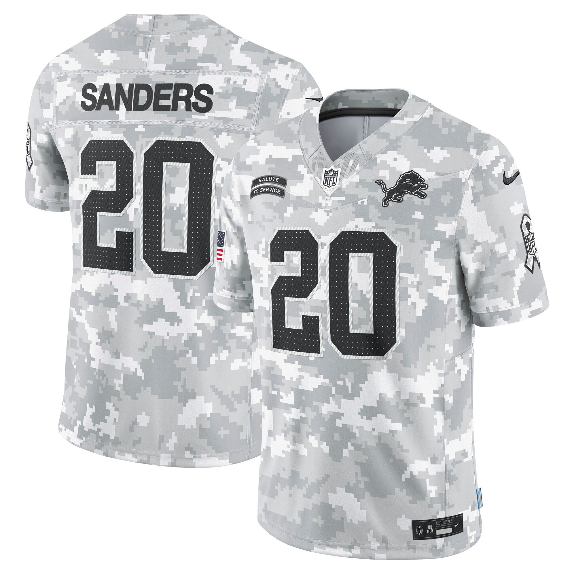 Men's Detroit Lions Barry Sanders Nike Arctic Camo 2024 Salute to Service Retired Player Limited Jersey