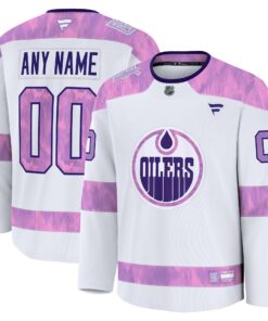 Men's Edmonton Oilers Fanatics White 2024 Hockey Fights Cancer Custom Practice Jersey