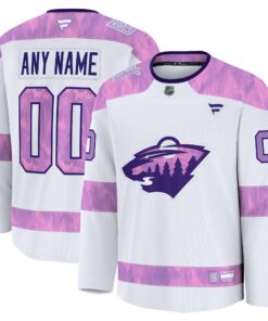 Men's Minnesota Wild Fanatics White 2024 Hockey Fights Cancer Custom Practice Jersey