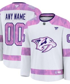 Men's Nashville Predators Fanatics White 2024 Hockey Fights Cancer Custom Practice Jersey